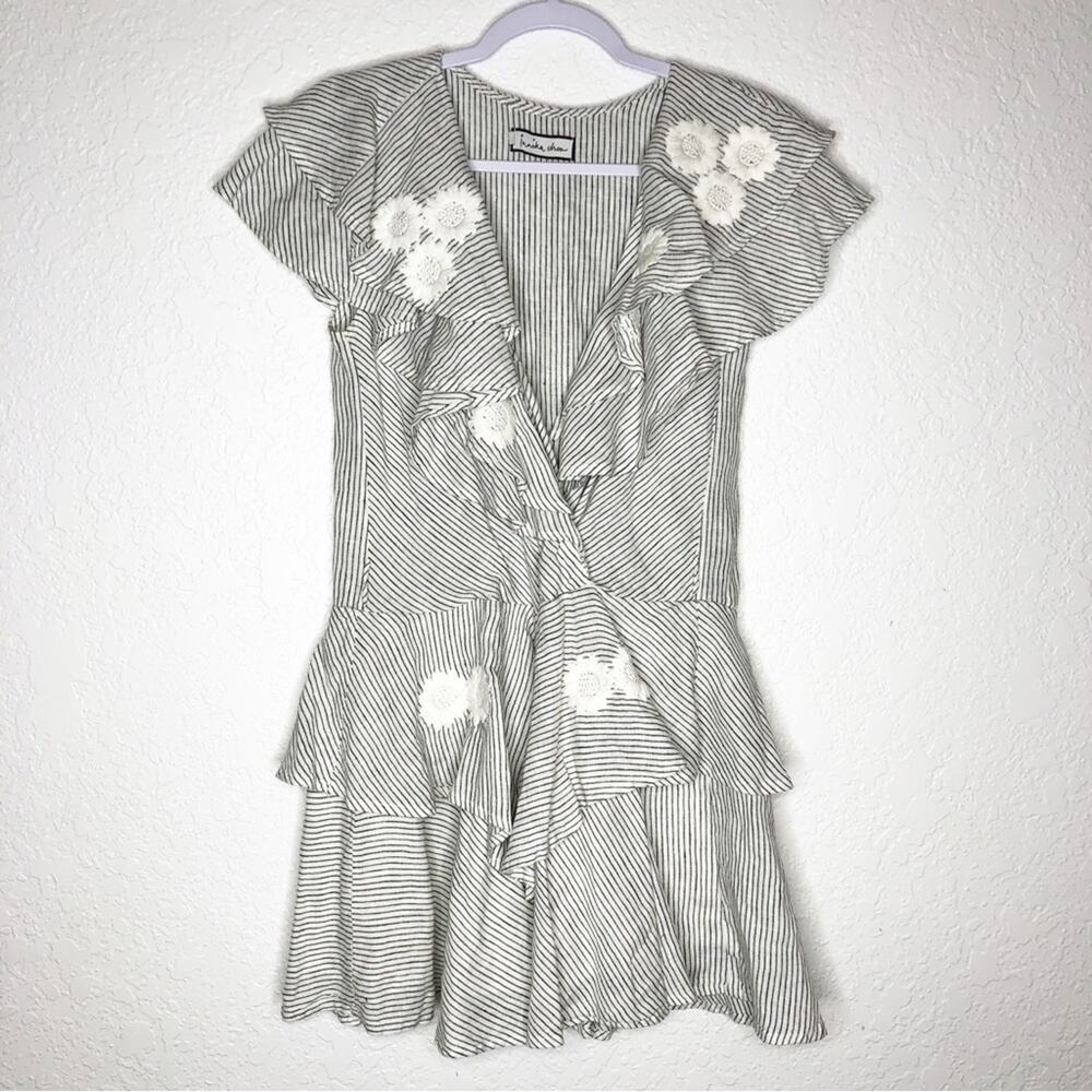 Innika Choo white black stripe floral embroidered ruffle linen dress 2 or Medium - Picture 3 of 16
